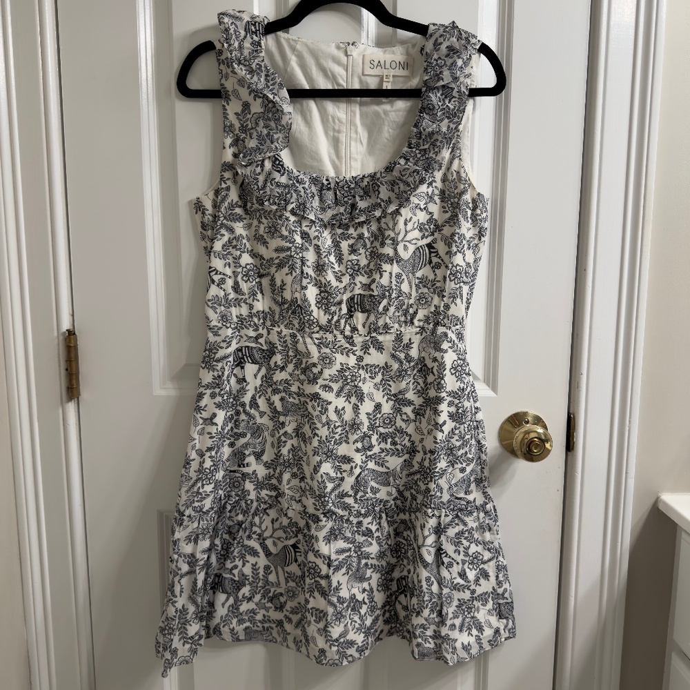 Saloni Misha Sleeveless Gret and White Toile Print Mini Sundress US 6 / UK 10
